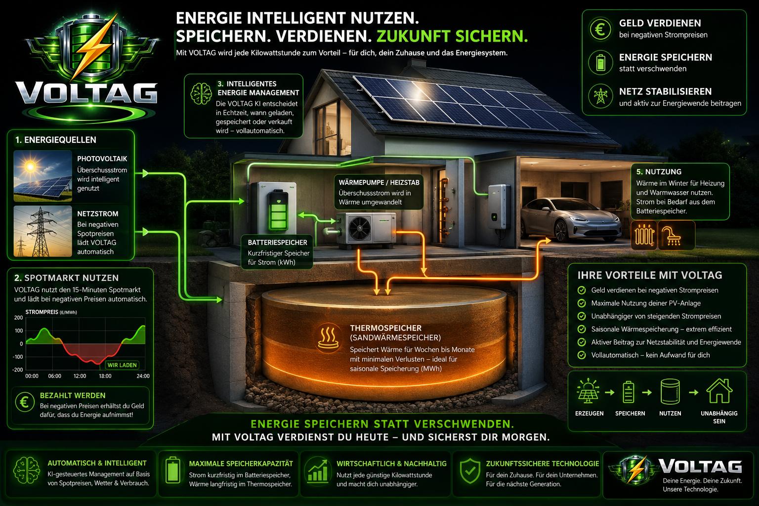 VOLTAG Energiesystem-Infografik: Photovoltaik und Netzstrom speisen Batterie- und Sandwärmespeicher, gesteuert vom KI-Energiemanagement am 15-Minuten-Spotmarkt — für Wärme, Strom und Mobilität.